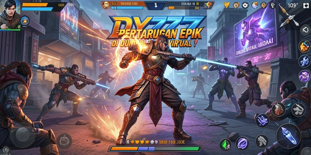 Tampilan gameplay DY777 dengan pertarungan seru dan karakter unik.