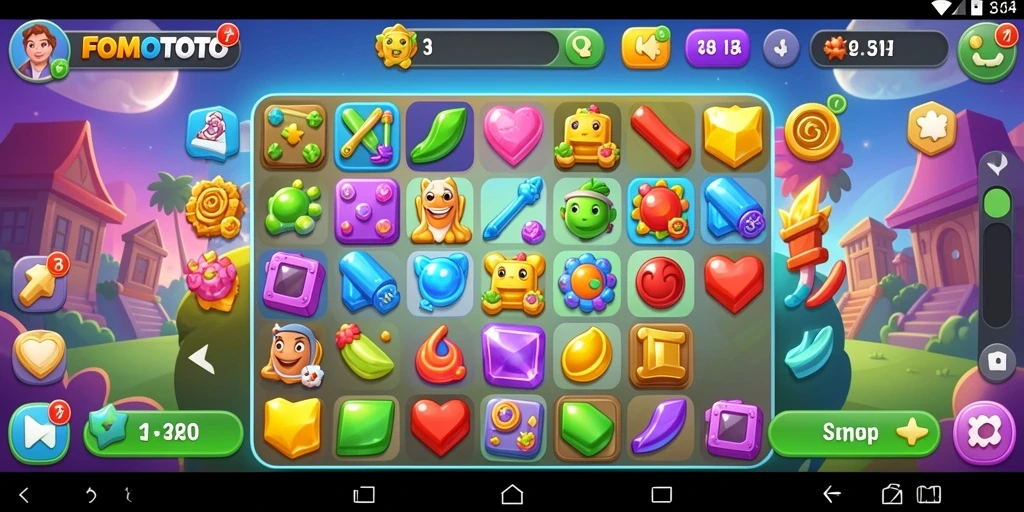 Screenshot FOMOTOTO menampilkan gameplay seru dan berwarna dari permainan Match-3.