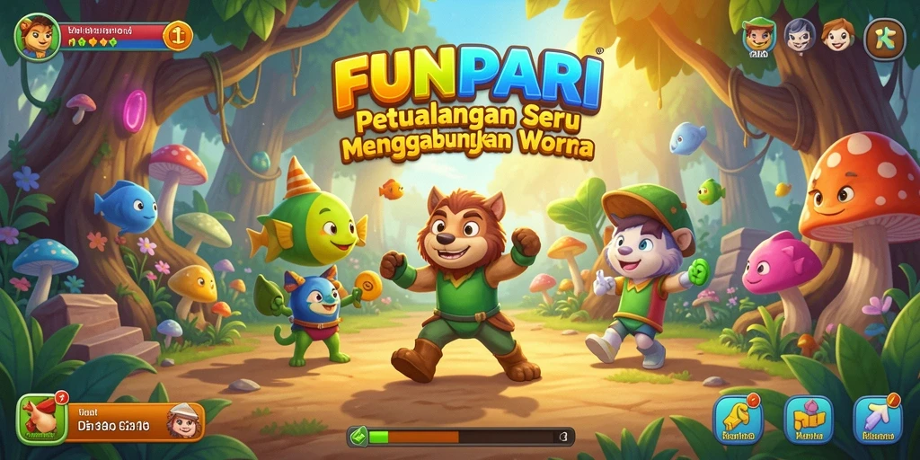 Screenshot FUNPARI menunjukkan gameplay seru mencocokkan item berwarna.