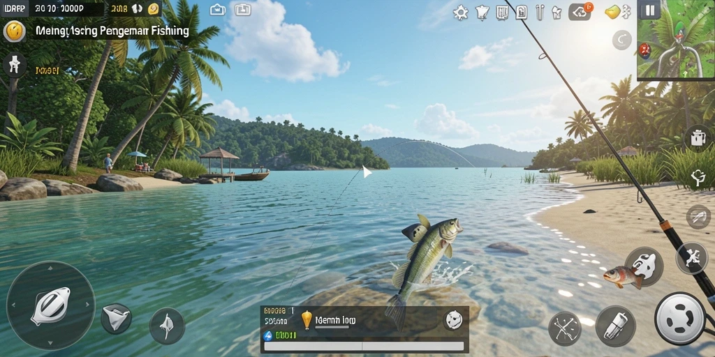 Screenshot gameplay IDRRP menampilkan momen seru saat memancing di danau.
