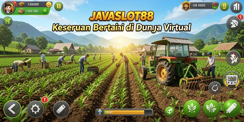 Screenshot gameplay JAVASLOT88 menampilkan ladang yang subur dan aktivitas bertani.