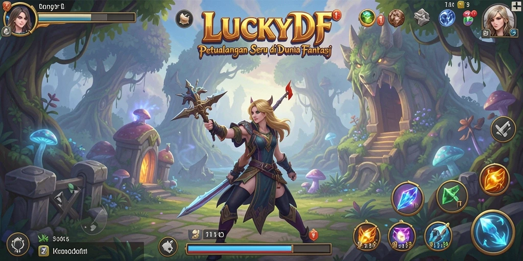 Screenshot menunjukkan karakter utama yang menjelajahi dunia luas LUCKYDF.