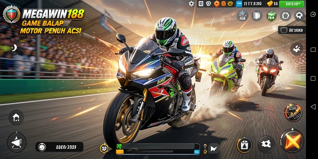 Tampilan gameplay MEGAWIN188 dengan aksi balap motor yang seru.