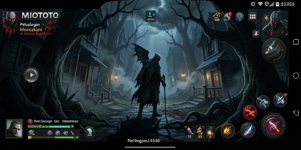 Tampilan gameplay mencekam dengan suasana gelap di MIOTOTO.