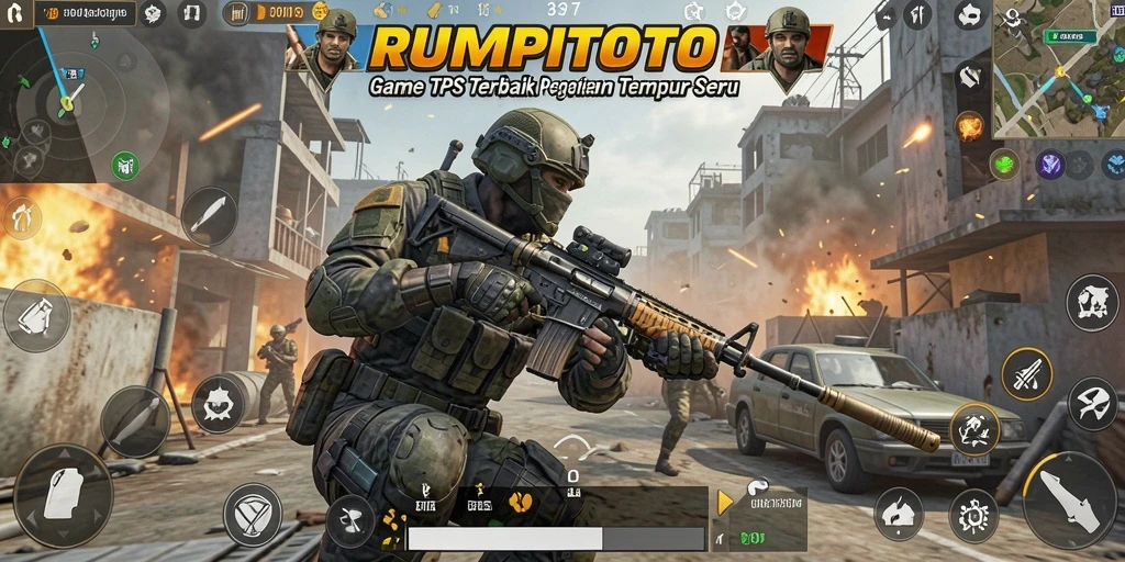 Screenshot gameplay RUMPITOTO menampilkan aksi tembak-menembak seru di lokasi yang menegangkan.