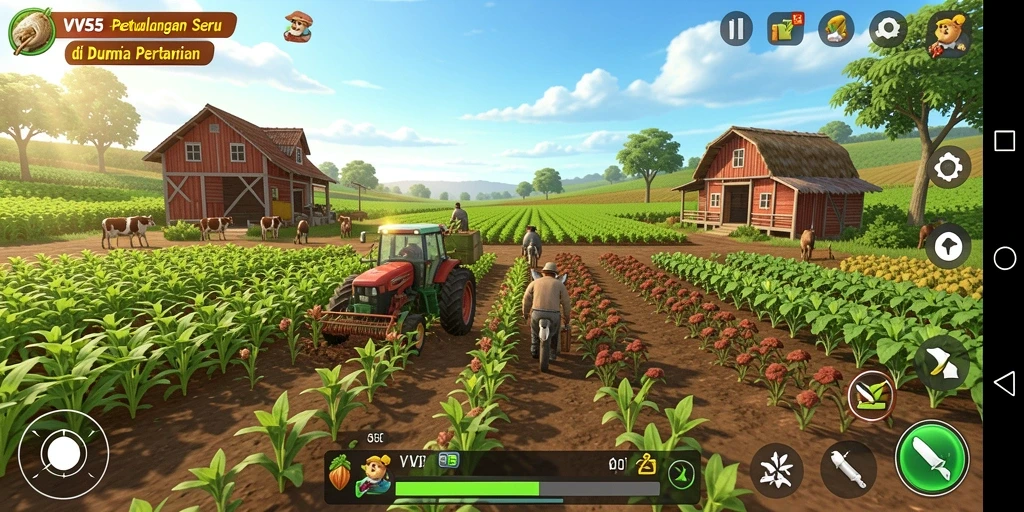 Tampilan gameplay VV55 dengan pertanian yang indah dan interaktif.
